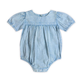 Light blue baby romper with ruffled sleeves on a white background