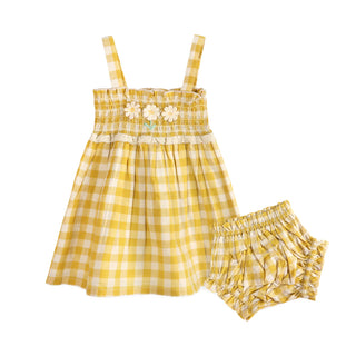 Yellow checkered dress with matching bloomers on a white background