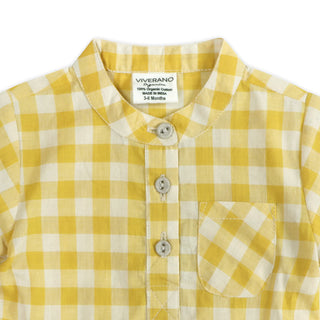 Yellow and white checkered shirt with 'Viverano' label on a white background