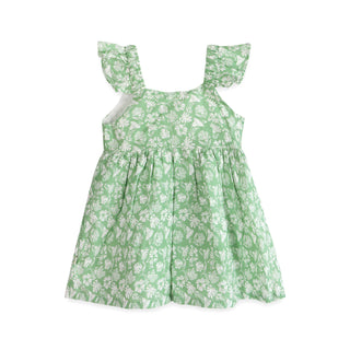 Green floral dress with ruffled straps on a white background