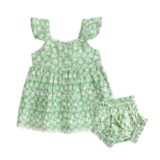 Green floral dress with matching bloomers on a white background