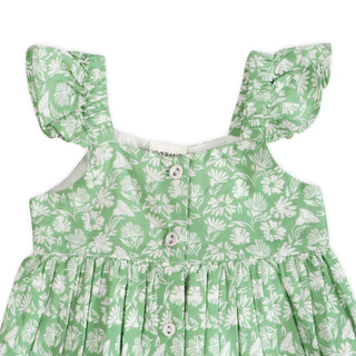 Green floral dress with ruffled sleeves on a white background