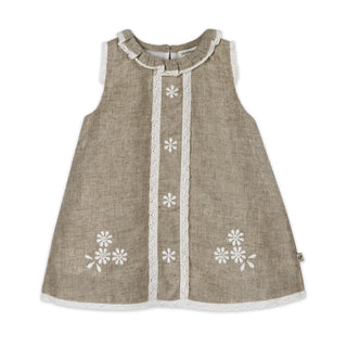 Children's sleeveless dress with floral embroidery on a white background