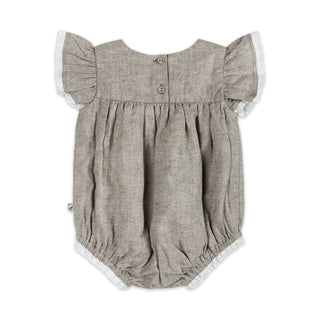 Gray baby romper with ruffled sleeves on a white background