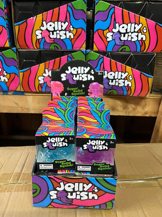 Jelly Squish packaging with colorful design on a wooden surface