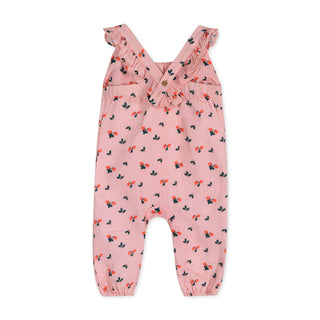 Pink baby romper with floral pattern on a white background