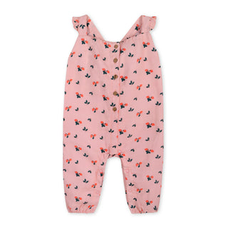 Pink baby romper with floral pattern on a white background