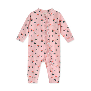 Pink baby onesie with floral pattern on a white background