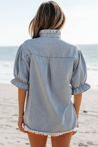 Chambray Denim button up the front shirt with ruffle sleeves and collar