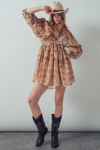 Aria Mixed-Print Boho Mini Dress | Smocked Empire Waist & Balloon Sleeves