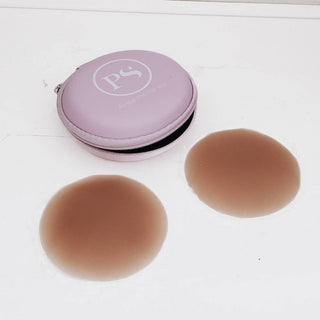 Two brown circular pads and a purple case with 'PS' logo on a white background