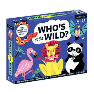 The Family Fun Guessing Game 'Who's in the Wild?' by Mudflap. The box features colorful cartoon illustrations of a pink flamingo, yellow lion, black-and-white panda, and a red snake against a dark blue background.
