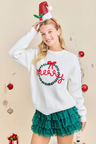 Sage Merry Embroidered Christmas Wreath Sweater