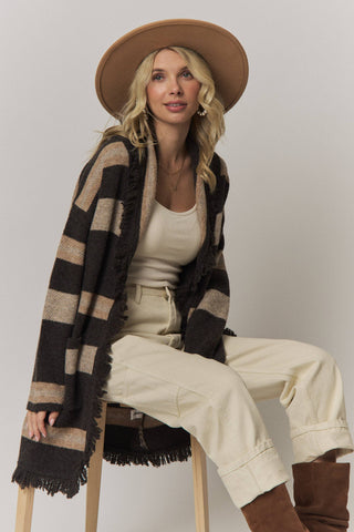 BOHO STRIPED FRINGE LONG CARDIGAN