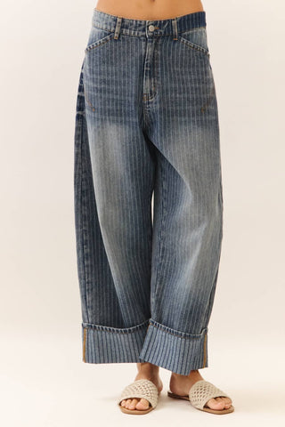 The Striped Barrel Carpenter: Wide-Leg Pinstripe Denim Culottes