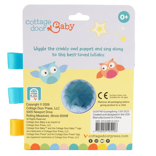 Cottage Door Baby owl puppet packaging with text and branding.