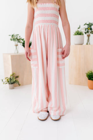 Pink and White Striped Romper with pockets. Childrens. 