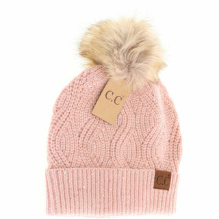 Sequin Brioche Cable Knit Fur Pom C.C Beanie