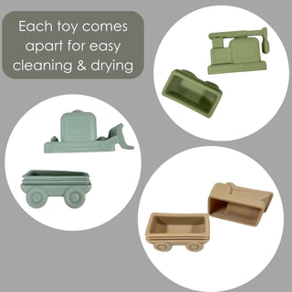 Green and beige toy sets with text indicating easy cleaning and drying.