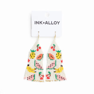 Beaded earrings with floral pattern on a white background, featuring the brand 'INK+ALLOY'.