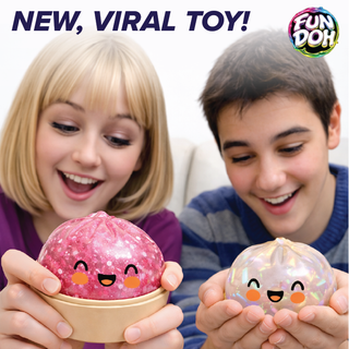 Two children holding colorful toy balls with a 'Fun Doh' logo above them.