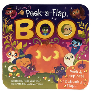 Children's book cover titled 'Peek-a-Flap BOO' with Halloween-themed illustrations.