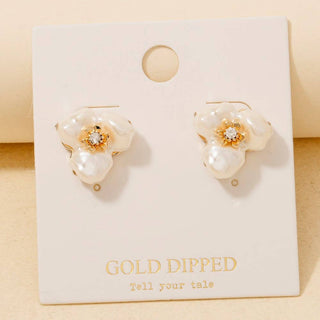 Gold Dipped Pearl And Gem Flower Stud Earrings