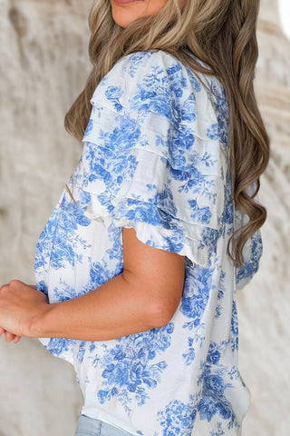 Blue and white floral puff sleeve shirt. Button up. Toile