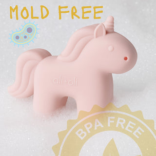 Pink unicorn-shaped bath toy with 'Mold Free' and 'BPA Free' labels on a white background.