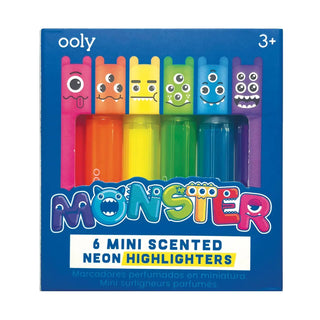 Packaging of 6 mini scented neon highlighters with monster designs on a blue background.