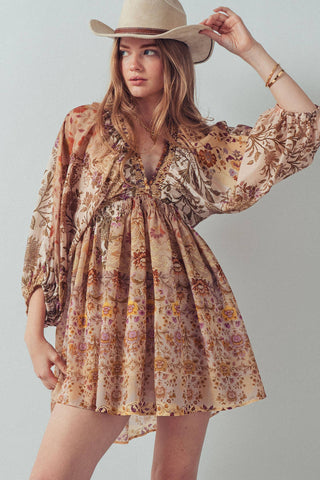 Aria Mixed-Print Boho Mini Dress | Smocked Empire Waist & Balloon Sleeves