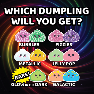 Illustration of colorful dumplings with labels on a dark background