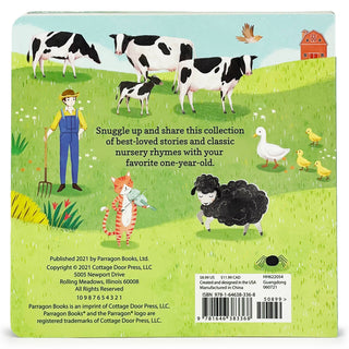 Back cover of a children's book with farm animals and a farmer illustration.