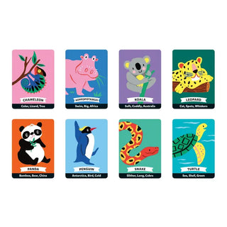A set of eight colorful animal-themed cards arranged in two rows on a white background. The cards feature cartoon illustrations of a chameleon, hippopotamus, koala, leopard, panda, penguin, snake, and turtle, each with its name printed below on a white banner.