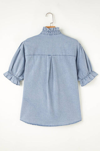 Chambray Denim button up the front shirt with ruffle sleeves and collar