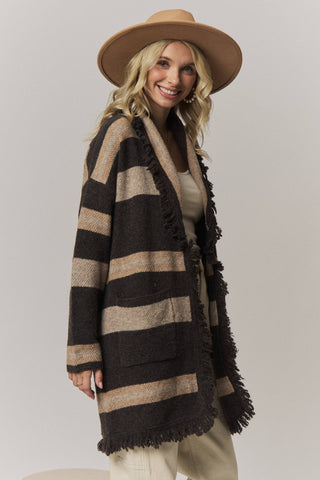 BOHO STRIPED FRINGE LONG CARDIGAN