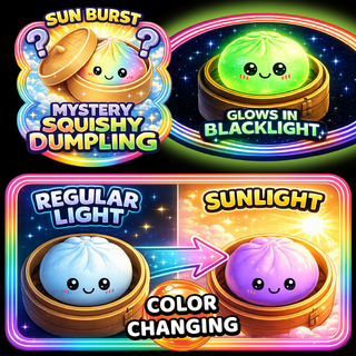 Promotional graphic for a color-changing squishy dumpling product, showing three panels: a mystery dumpling in a steamer basket with a question mark under the text 'Sun Burst Mystery Squishy Dumpling'; a glowing green dumpling in a steamer basket under 'Glows in Blacklight'; and a before-and-after comparison showing a blue dumpling under regular light and a purple dumpling under sunlight, labeled 'Color Changing'.
