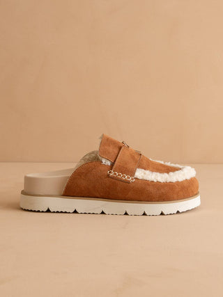 The Avalon Caramel Suede Shearling Cozy Loafer Mule
