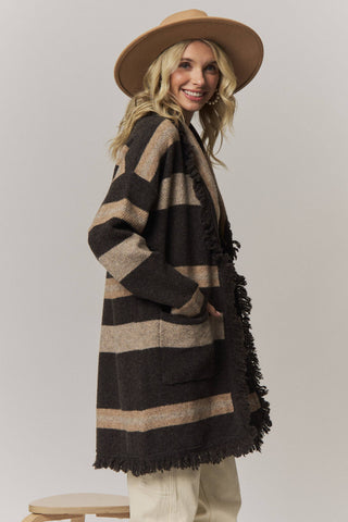 BOHO STRIPED FRINGE LONG CARDIGAN