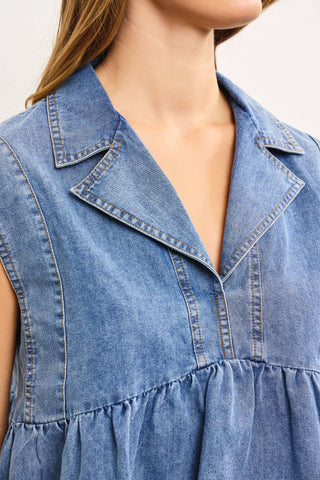 Denim capsleeve babydoll top with collar
