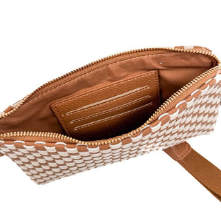 Open woven handbag with a brown interior on a white background