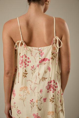 Floral dress with thin straps on a neutral background