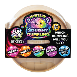 Mystery Squishy Dumpling packaging with colorful text and a white background