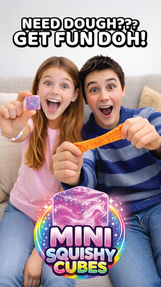 Two children holding Mini Squishy Cubes with promotional text on a couch.