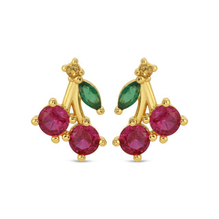 Gold cherries earrings with red and green gemstones on a white background