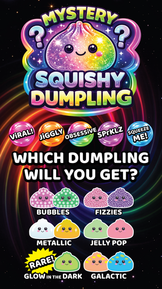 Promotional graphic for 'Mystery Squishy Dumpling' with colorful dumplings and text on a dark background.