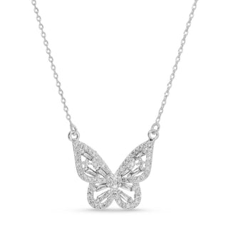 Butterfly-shaped diamond necklace on a white background