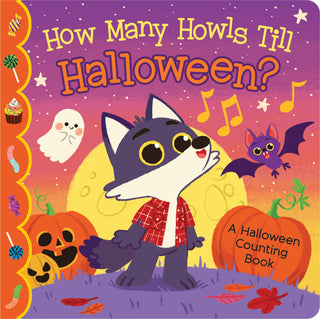 Halloween-themed book cover with a fox, pumpkins, and text 'How Many Howls Till Halloween?'.