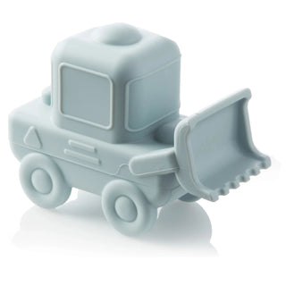 Light blue toy bulldozer on a white background