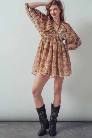 Aria Mixed-Print Boho Mini Dress | Smocked Empire Waist & Balloon Sleeves